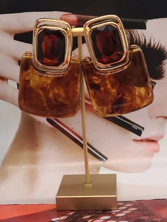 Vintage Retro Large Crystal Rootbeer Geometric Doorknocker Gold Drop Earrings - Picture 5 of 14